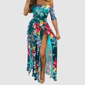 Cold Shoulder, off the Shoulder Dress with Double Thigh Slit